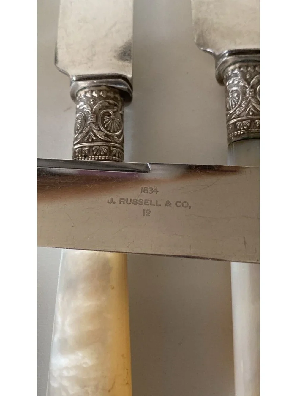 Set of 6 Antique J Russell & Co Mother of Pearl Handle Luncheon Knives 1834